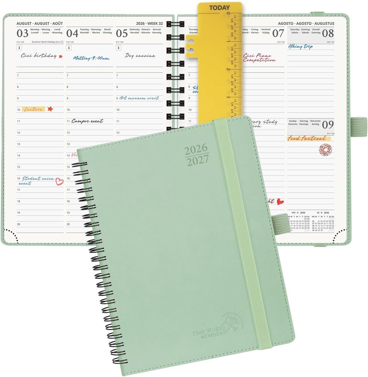 SnelShoppen - Agenda 2026-2027 Weekly Planner - 22x16.5 cm - Verticale Planner met Zachte Spiral Binding - 80 GSM Papier - Groen Grijs - Voor Studente