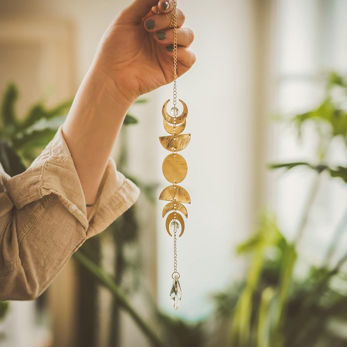 SnelShoppen - Prism Crystal Sun Catcher Moon Phase Garland - Gouden Decoratie voor Ramen en Muren - Aesthetic Boho Wanddecoratie - Perfecte Vintage In