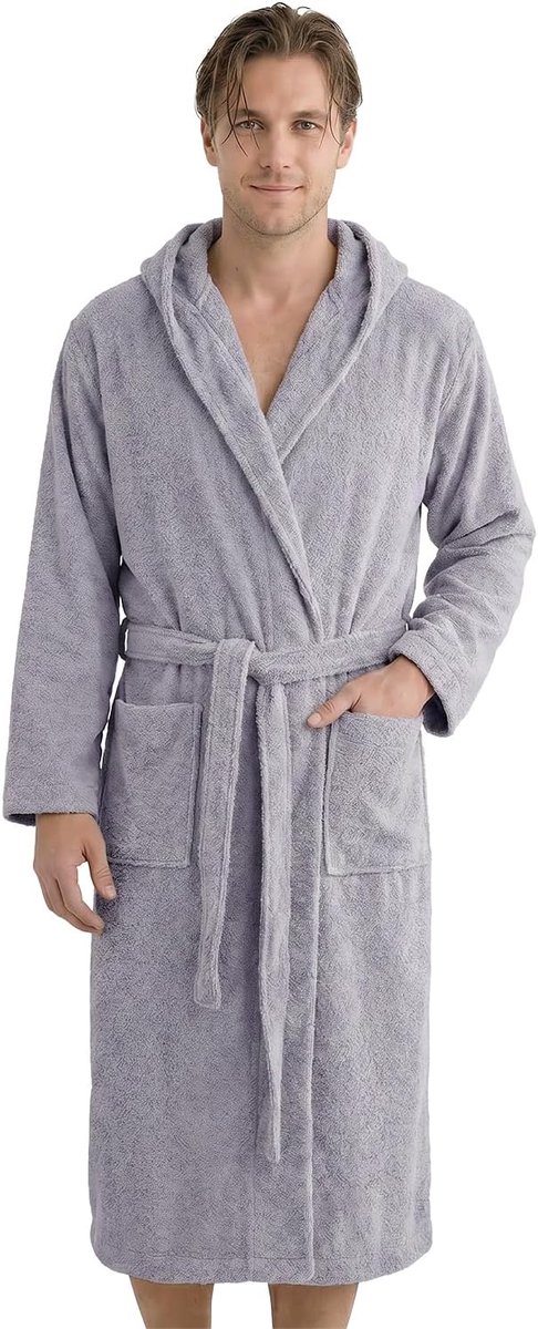 SnelShoppen - Badjas voor heren, 100% katoen, zachte badstof, kuitlang, met capuchon, ceintuur en opgestikte zakken, ideaal voor sauna en thuis, grijs