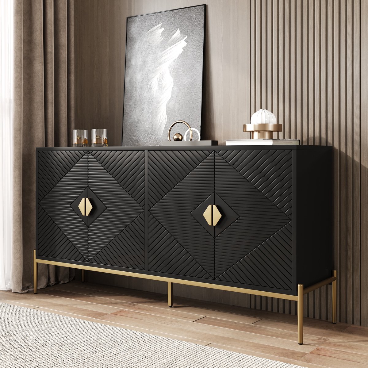 Wishdor - Dressoir - 4-deurs geometrisch opbergmeubel met metalen poten - Mid-century-stijl - voor woonkamer of eetkamer - houtlook zwart - 162 x 40 x 80 cm