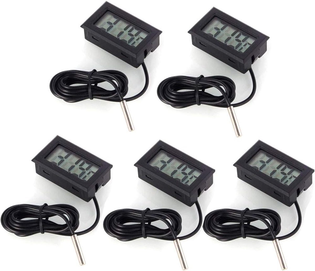 SnelShoppen - Digitale Thermometer LCD Temperatuurmonitor met Externe Sensor voor Koelkast, Vriezer, Aquarium - Zwart - 5 Stuks - -50 tot +110 °C