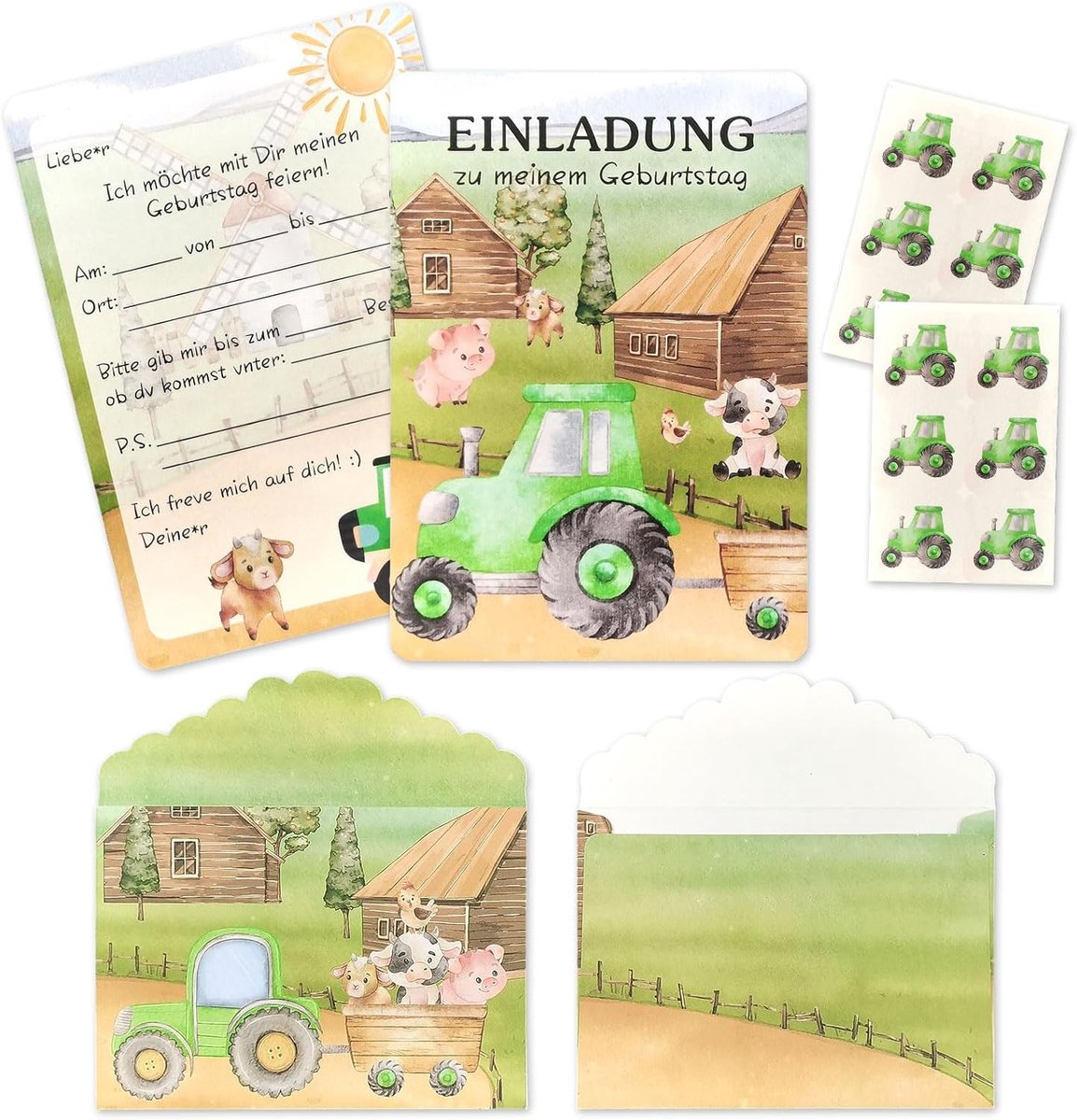 SnelShoppen - 12x Tractor Uitnodigingskaarten voor Kinderverjaardagen met Enveloppen en Stickers - Perfecte Tractor Thema Uitnodigingen voor Jongens -