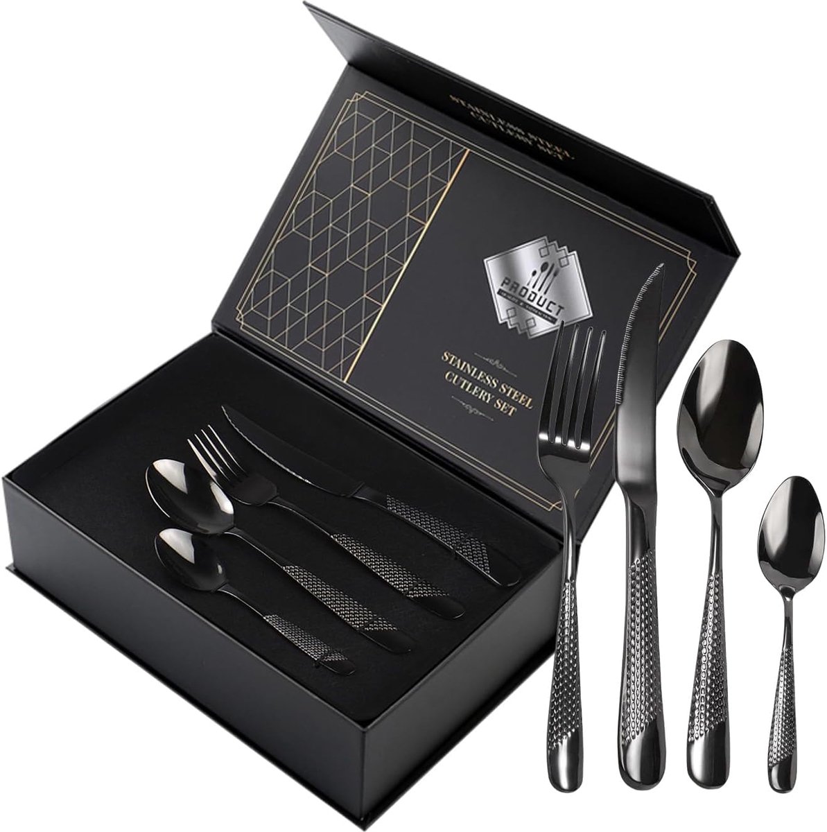 SnelShoppen - 24-delig Bestekset, Hammered RVS Bestek, Mes, Vork, Lepel, Eetbestek Set voor 6 Personen, Modern Zilver Bestek voor Thuis, Restaurant, F