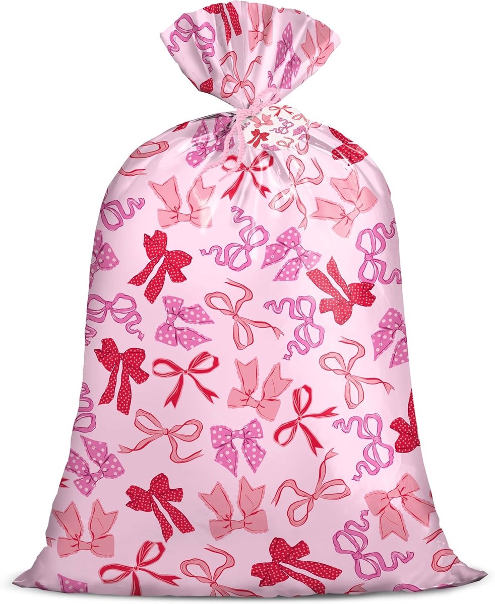 SnelShoppen - Jumbo Grote Plastic Cadeauzak met Roze Strik, 56x36 inch, Perfect voor Verjaardag, Baby Shower, Bruiloft, Valentijnsdag, 1 Stuk