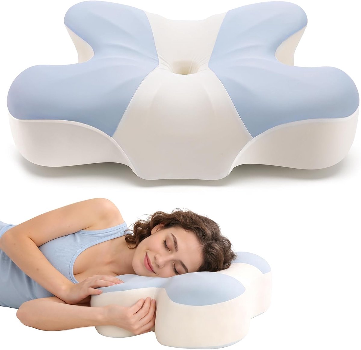 SnelShoppen - Ergonomisch Geheugenfoam Kussen, Orthopedisch Neksteunkussen voor Zij-, Rug- en Buikslapers, Blauw en Wit, 2 Hoogtes