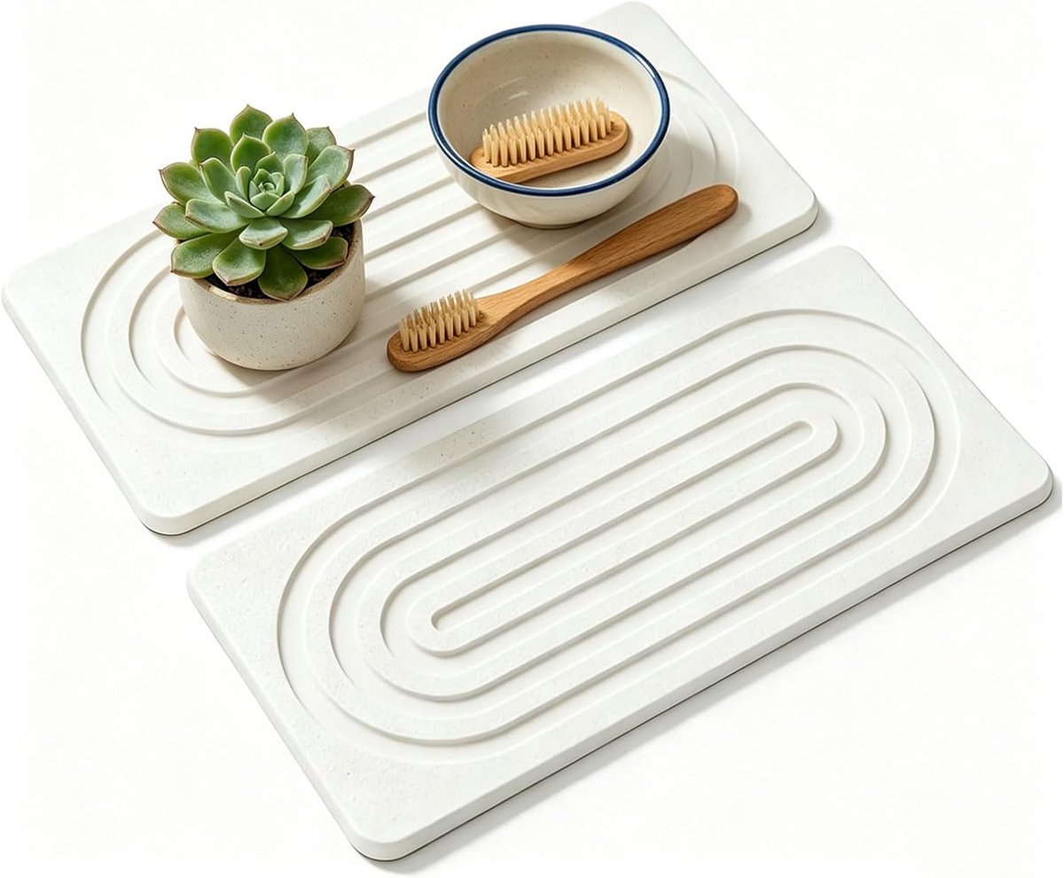 SnelShoppen - 2 Stuks Abtropmat Stone, Diatomiet Onderzetters voor Keuken en Badkamer, Witte Droogmat met Groeven 21x10cm voor Zeep, Spons en Cups