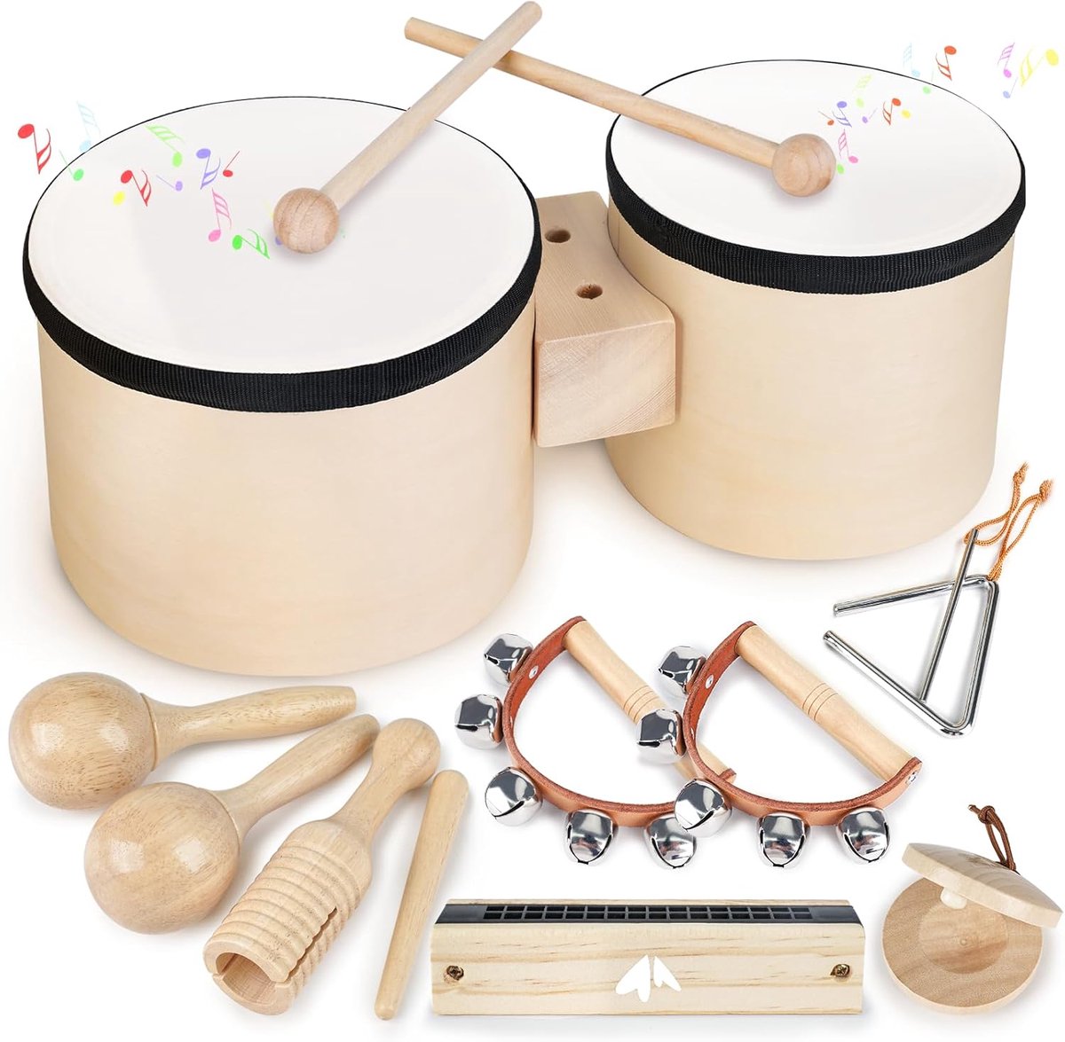 SnelShoppen - Houten Drumstel Muziekinstrumenten voor Kinderen vanaf 3 Jaar, Montessori Speelgoed voor Jongens en Meisjes, Creatief Speelgoed voor Fee