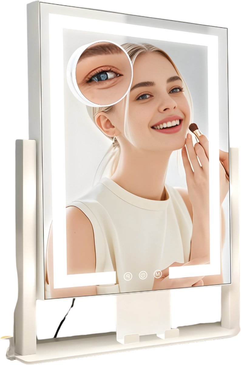 KIRA® Vanity Spiegel - 3 Lichtstanden - Spiegel met Aanraaksensor - Makeup Spiegel met Verlichting - Wit - 30cm x 25cm x 30cm