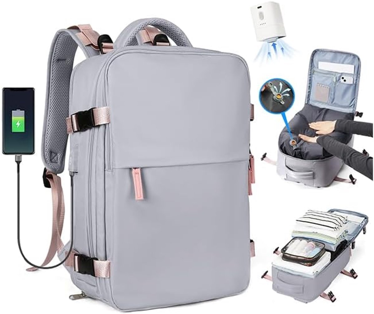 SnelShoppen - SZLX Vacuum Rugzak Carry-on Bagage Vrouwen - Airbag Rugzak Met Vacuüm Systeem Voor Reizen - Ryanair Cabin Grootte Met Pomp - Waterdichte