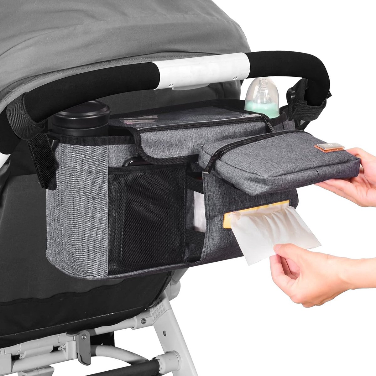 SnelShoppen - Nieuwe Verbeterde Kinderwagen Organizer - Universele Kinderwagentas met 2 Bekerhouders - Draagbare Handtas voor Alle Buggy Modellen - Id