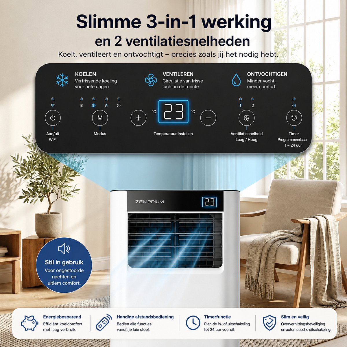 Temprium mobiele airco 7000 BTU SMART - Met afvoerslang - Draagbare Airco met App Bediening – 3 in 1 Koelen, Ventileren & Ontvochtigen – Airco Voor Slaapkamer en Woonkamer – Inclusief Raamkit — afbeelding 12