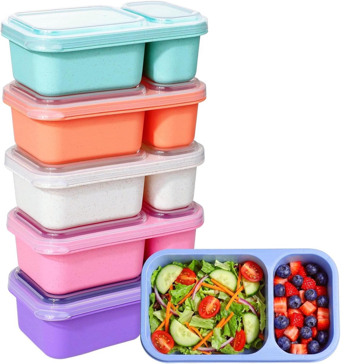SnelShoppen - 6 Stuks Herbruikbare Snackboxen met 2 Compartimenten en Deksels, Verdeelde Lunchcontainers voor School, Werk, Reizen, Picknicks, Magnetr