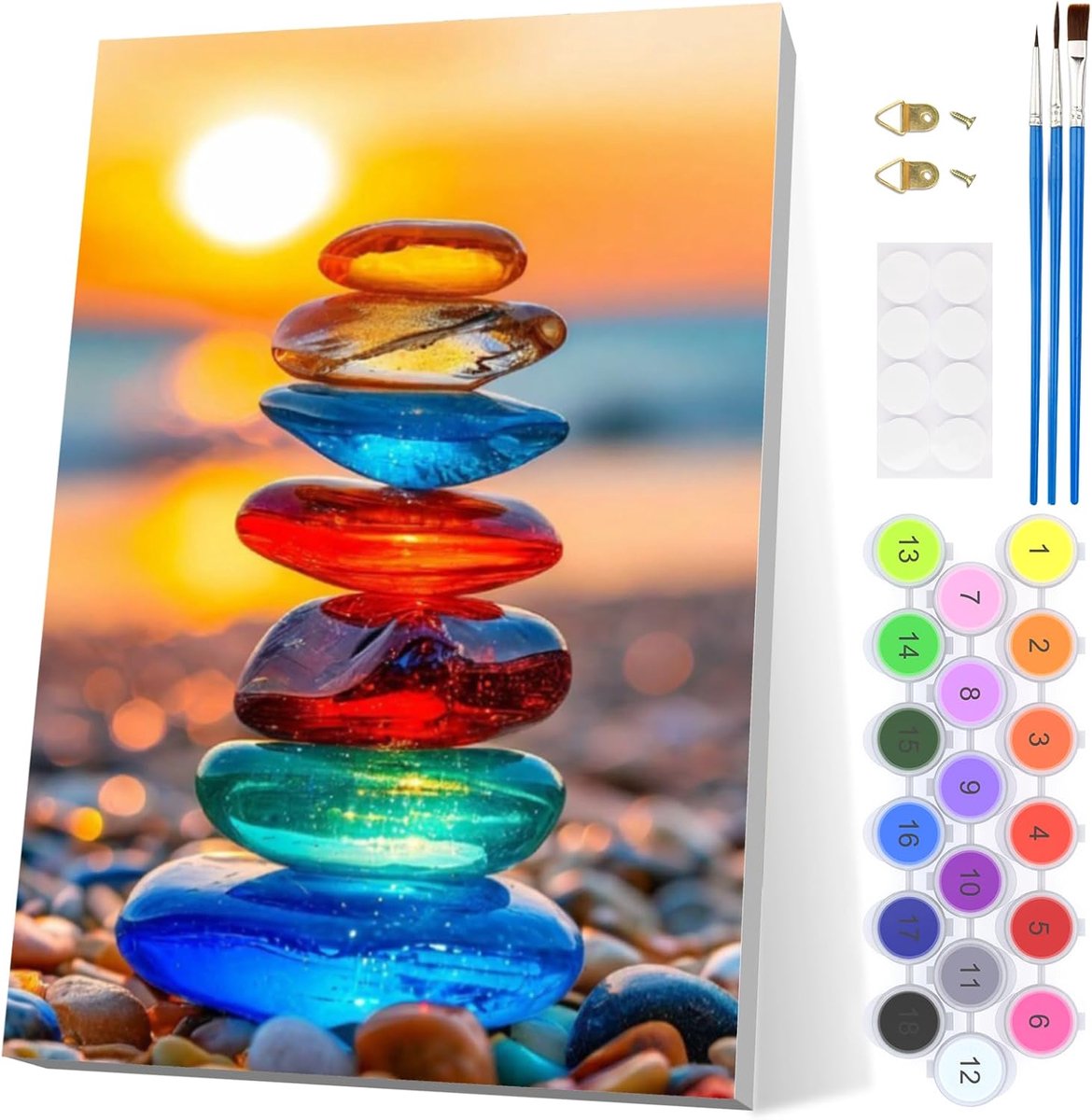 SnelShoppen - Schilderen op Nummer voor Volwassenen - Sunset Beach Stone - 20x30 cm - Incl. Lijst - Beginnersvriendelijk - Cadeau voor Creatieve Geest