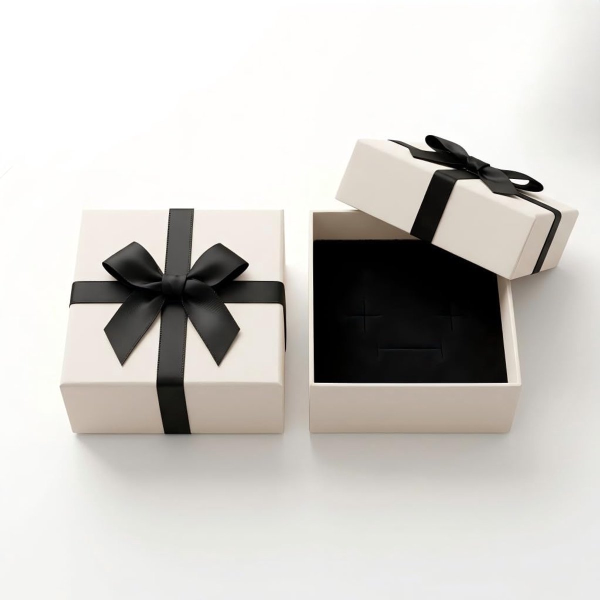 SnelShoppen - 2 stuks witte geschenkdoosjes 9 x 9 x 4 cm met deksel en zwarte strik, sieradendoos met schuimrubberen inzet voor ringen, oorbellen en h