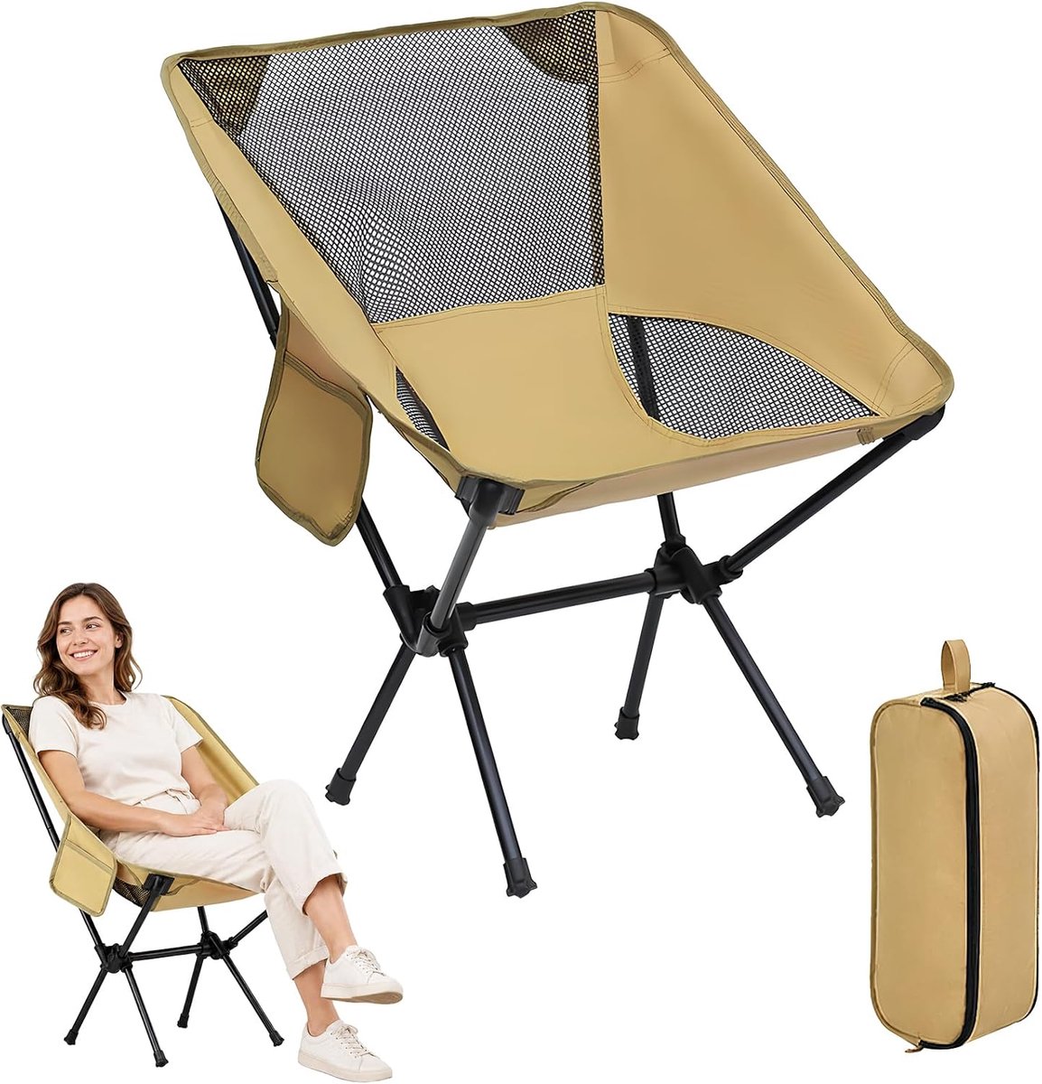 SnelShoppen - Draagbare Opvouwbare Campingstoel Kaki - Ergonomisch, Lichtgewicht, Tot 135 kg - Ideaal voor Camping, Strand, Tuin en Reizen