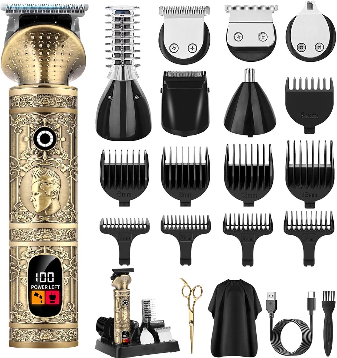 SnelShoppen - Professionele Draadloze Tondeuse 6-in-1 voor Mannen - T-Lemmet, Baardtrimmer, Lichaamshaartrimmer, Neushaartrimmer, Nauwkeurige Snijsyst