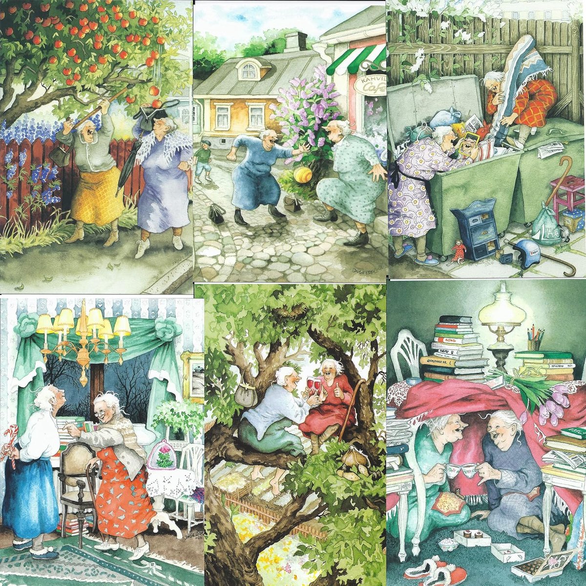 Thijox - Inge Look Ansichtkaarten Set 2 - 6 Unieke Kaarten 10,5x15 cm - Whimsical Illustraties van Oude Dames - Perfect voor Verjaardagen, Feestdagen