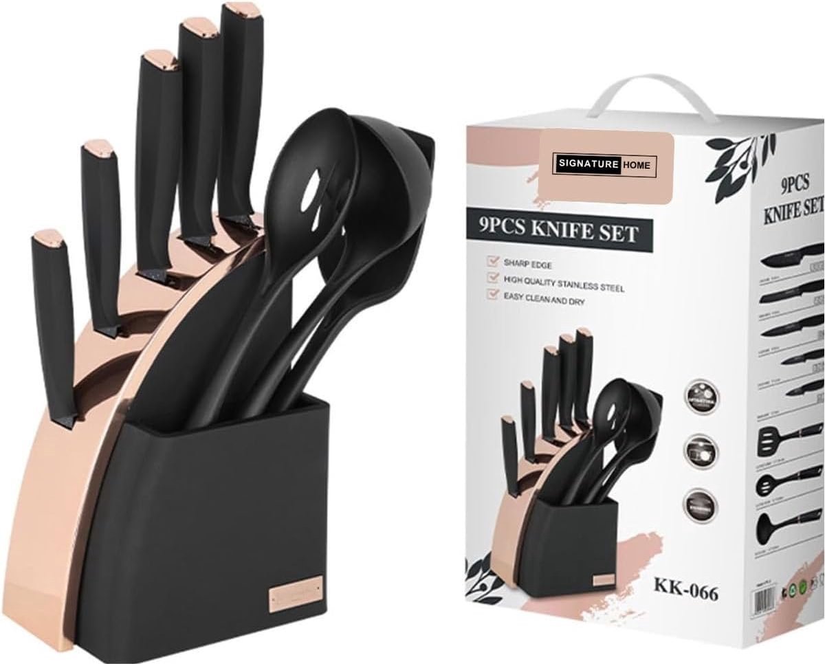 SnelShoppen - Professionele 9 Delige Keukengerei Messenset met Messenblok, RVS Koksmes, Lux Broodmes, Zwart en Rozé Goud, Perfect voor Koken en BBQ