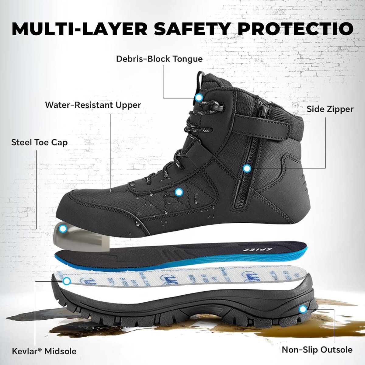 SnelShoppen - Veiligheidsschoenen Heren S3, Antislip, Antistatisch, Stalen Neuzen, Waterafstotend, Werkschoenen Zwart EU 40-46, Maat 43