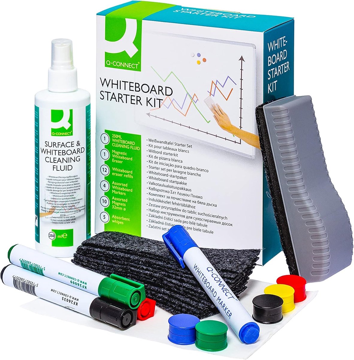 Thijox - Whiteboard Starterset KF32153A - Complete Werkset met 250 ml Reinigingsvloeistof, 12 Wissers, 4 Kleurrijke Markers, 10 Magneten en 5 Reinigin