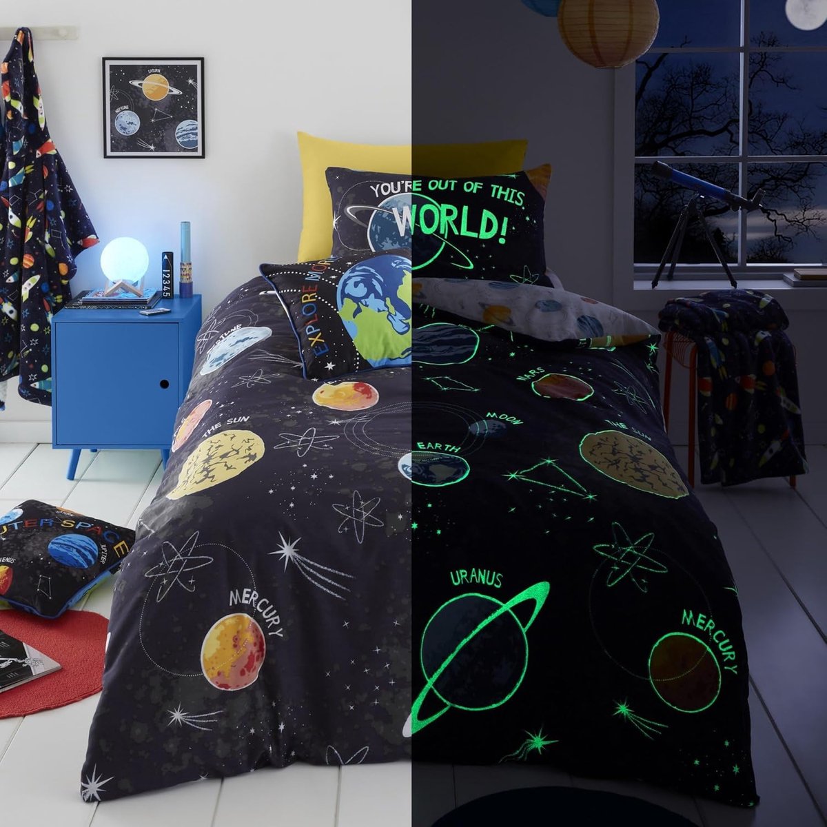 SnelShoppen - Glow in the Dark Dekbedovertrek Set - Eenpersoonsbed - Buitenruimte Thema - Zwart - Kinderen - Ruimte Avontuur - Beddengoed voor Jongens