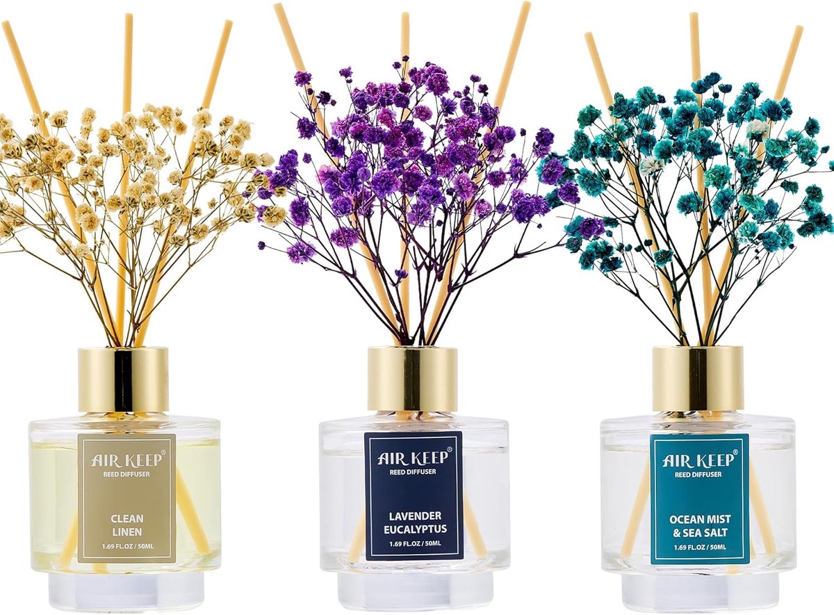 SnelShoppen - Airkeep Kamerspray Luchtverfrisser 50 ml x3 met Clean Linen, Ocean Mist & Sea Salt, Lavendel Eucalyptus - 24 Geurstaven voor Badkamer, W