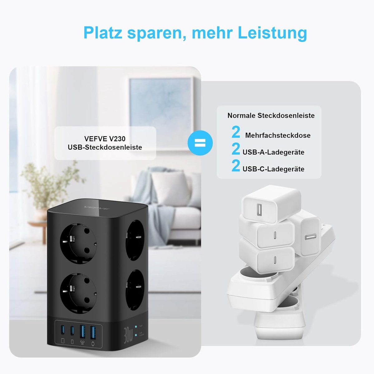 SnelShoppen - 12-in-1 Stekkerdoos Toren met USB C Snellader 30W, 8 Stopcontacten, Overspanningsbeveiliging, 4000W 16A, 3m Snoer, Zwart, Ideaal voor Ka
