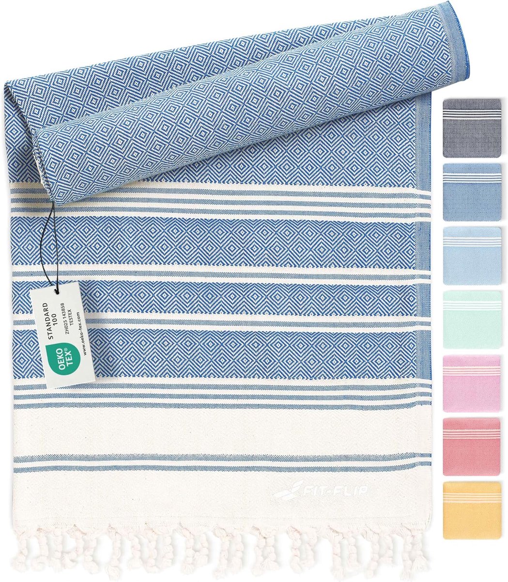 SnelShoppen - Fit-Flip Hamamdoek XXL 100x200cm - Sneldrogend Strandhanddoek van 100% Katoen - Fouta Pestemal - Blauw - Ideaal voor Hamam, Sauna, Stran