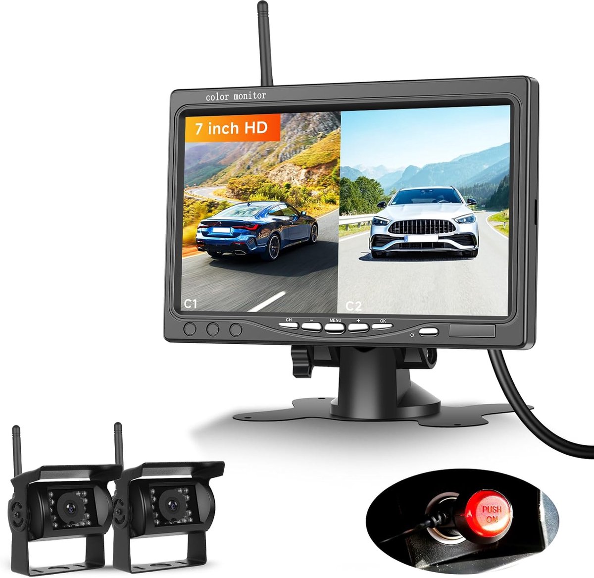 SnelShoppen - Draadloze Achteruitrijcamera met 7 Inch Monitor, 1080p AHD, BSD-systeem, Parkeerhulp, IP68 Waterdicht voor SUV, Vrachtwagen, Camper - DC