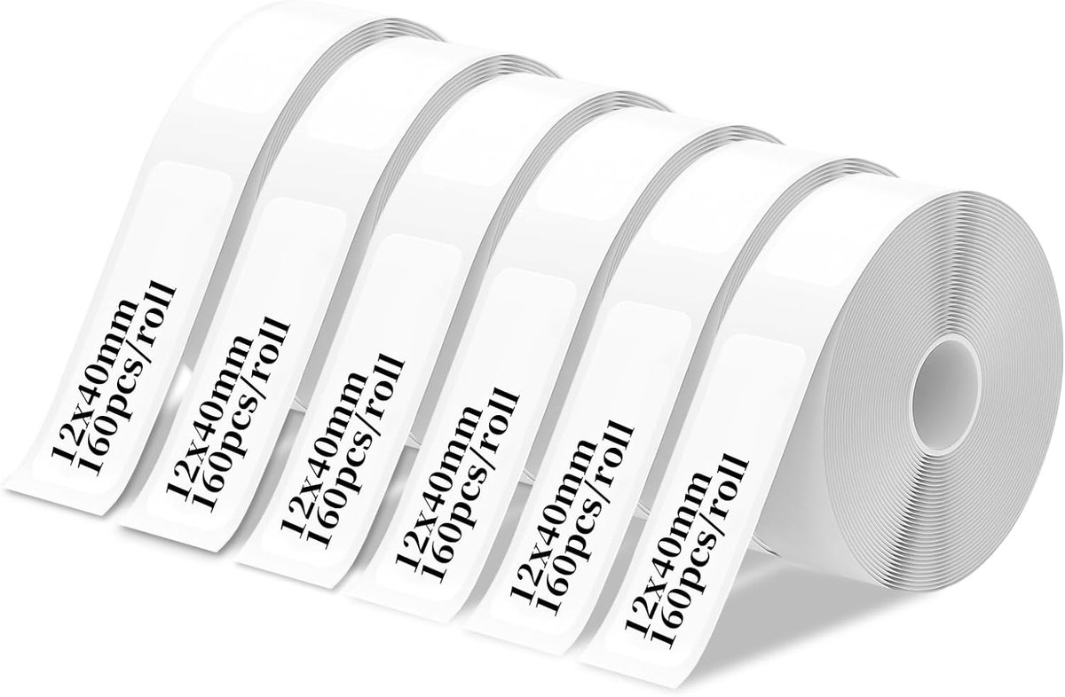 Thijox - 6 Rollen Thermische Labeltape 12x40 mm Zelfklevend voor D30/D32/D35/Q30/Q30S/Q31, MARKLIFE P11/P12/P15, iEager L11/L12, VRETTI HP3/HP4 - Perf