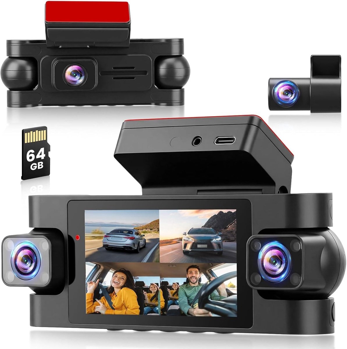 SnelShoppen - 4-kanaals Dashcam voor Auto met 2K Resolutie, WiFi 5G, 24-uurs Parkeerbewaking, G-sensor, Nachtzicht, Inclusief 64 GB TF-kaart & Achteru