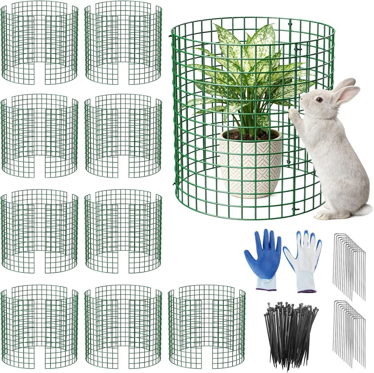 SnelShoppen - Set van 10 Plantenbeschermingsroosters 33 cm Hoog Groen Metaal - Herbruikbare Plantenbeschermingskooien met Handschoenen, Kabelbinders e