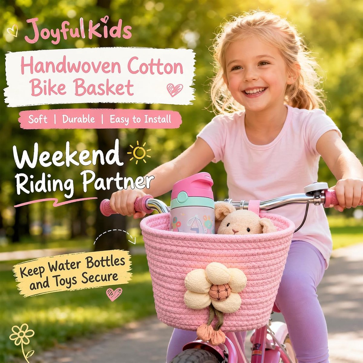 SnelShoppen - Kleine Fietsmand voor Kinderen, Handgemaakt van Katoenen Touw, Afneembaar, Met Bloemendecoratie en Leren Riemen, Ideaal voor Meisjes, 15