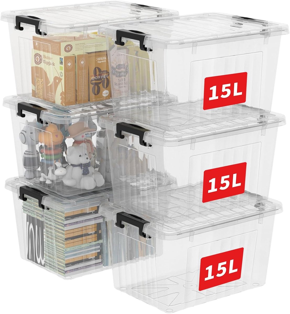 SnelShoppen - Transparante 15L*6 Opbergdoos met Snap Sluiting, Stapelbare Container, Organizer voor Keuken, Tuin, Camping en Kinderen