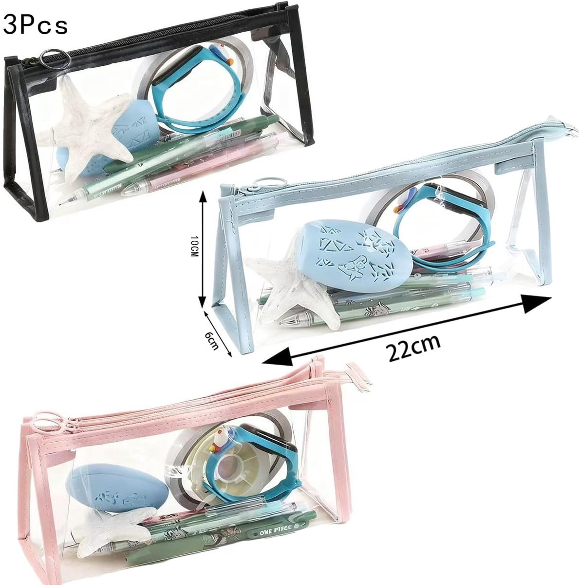 Thijox - 3-pack doorzichtige etui voor examens, TSA goedgekeurde transparante schoolbenodigdheden, PVC cosmetische tas, 15 cm, zwart, blauw, roze, gro