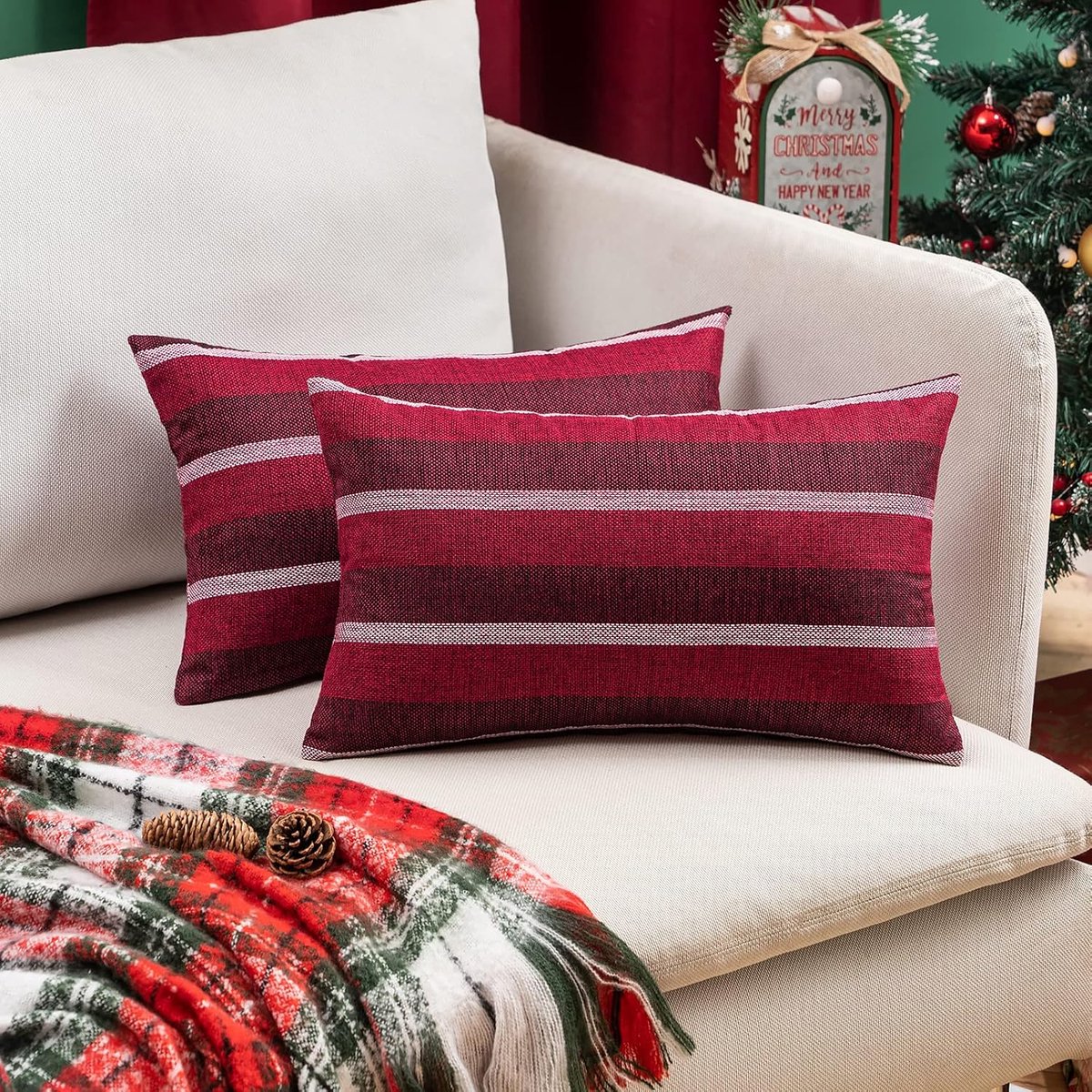 SnelShoppen - Decoratieve Kussenhoezen 16x24 Inch - Striped Faux Linen Kussen Covers in Rood - Set van 2 - Ideaal voor Woonkamer, Slaapkamer, Sofa en