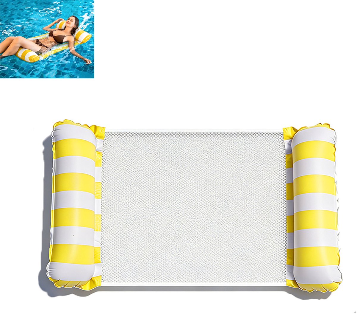 Waterhangmat - Drijvend Luchtbed - Zwembad Float - Comfortabele drijvende stoel met mesh midden en opblaasbare buizen, 4-in-1 functie met hoofdsteun - PVC - 120x105 cm - Voor Zwembad En Tuinfeest - Geel