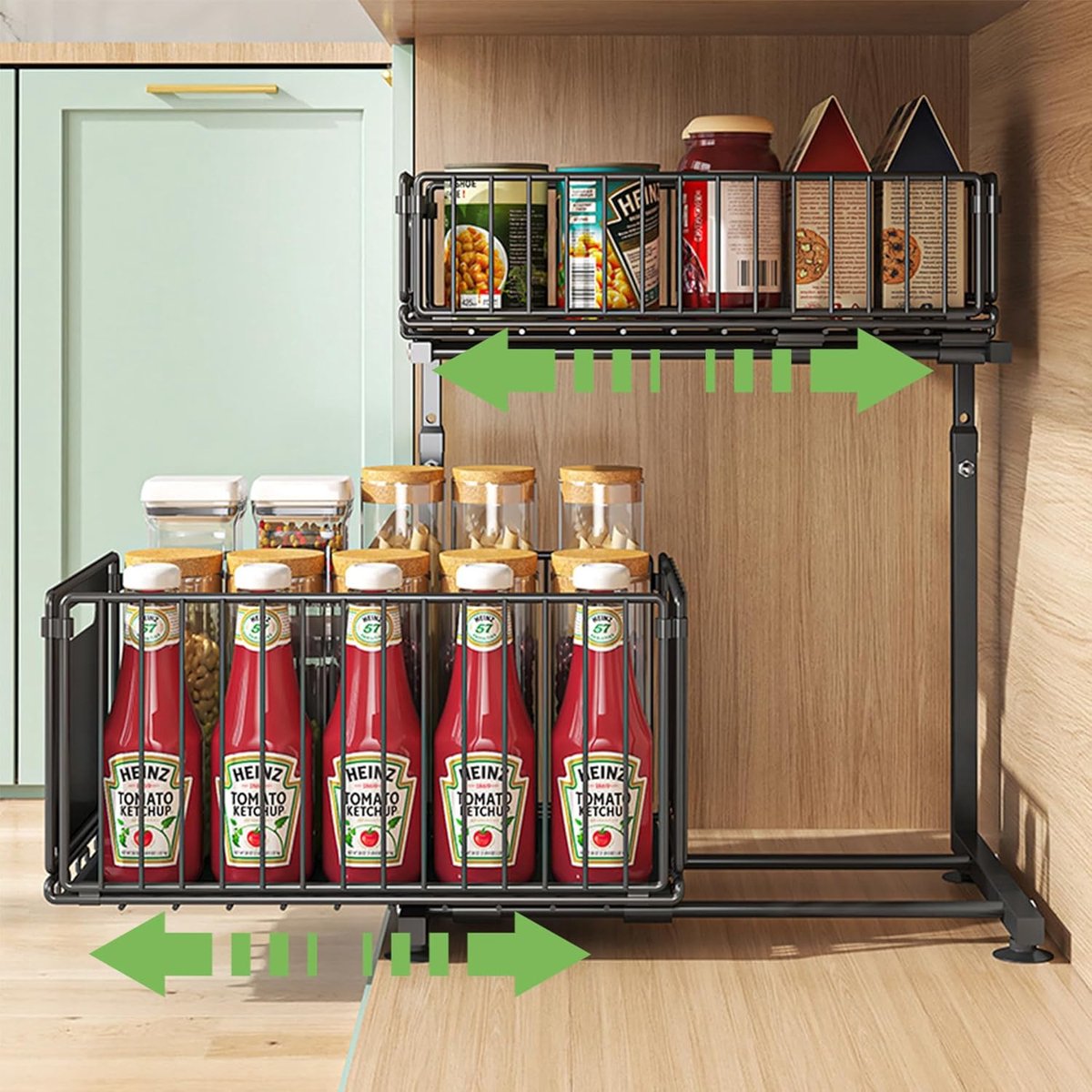 OUYLAF Gootsteenkast organizer, Opberglade Voor Onder De Gootsteen Met 2 Niveaus, Uittrekbare Lade-Organizer, Metalen Schuifbare Opbergmand Voor Keuken, keukenkast organizer zwart — cadeau in Cadeau-ideeën - foto 6