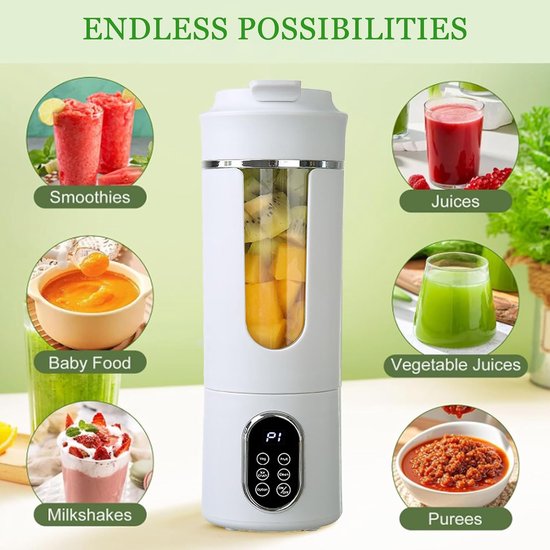 KZQ Draagbare Blender - Oplaadbare blender met digitaal display en grote capaciteit - USB-C-interface, automatische reiniging - Geschikt voor thuis, op reis en tijdens het sporten - 530 ml - Wit van kzq — afbeelding 2