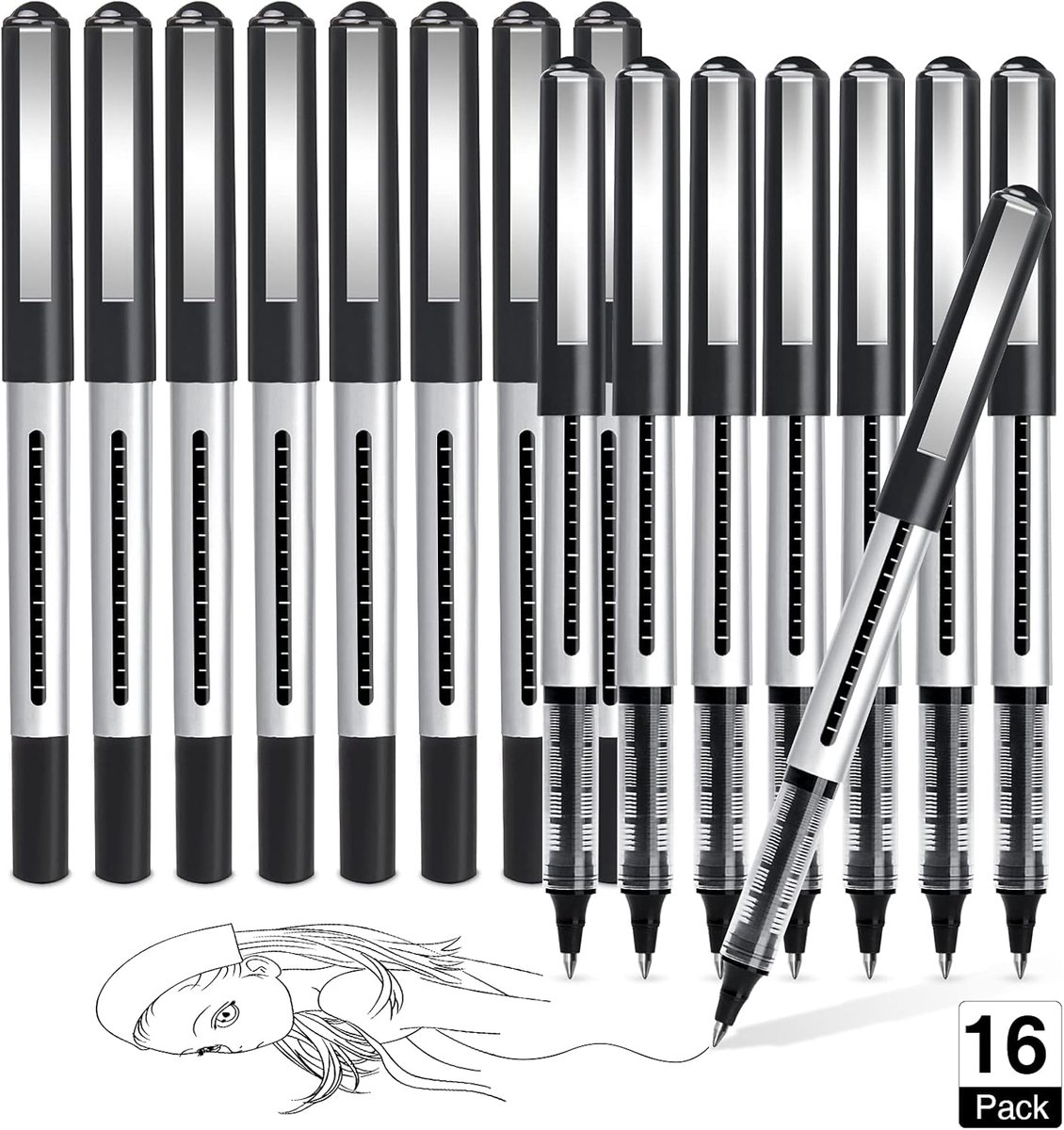 SnelShoppen - 16 Stuks Rollerball Pennen - Zwarte Gelpen 0.5mm - Sneldrogende Balpen voor Bullet Journal, Notitieboek, Werk en Schoolbenodigdheden