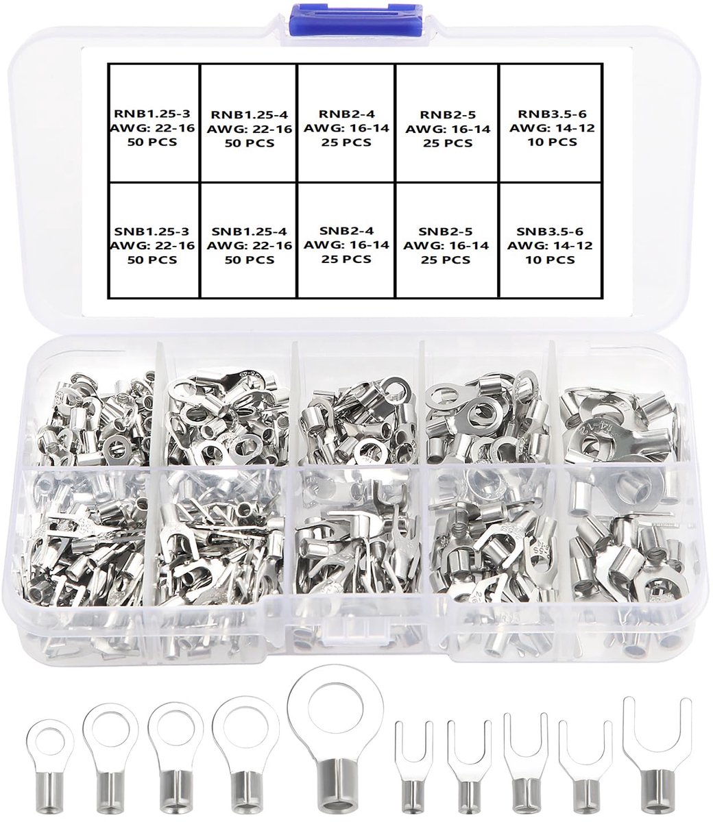 SnelShoppen - 320-delige niet-geïsoleerde ring en vork terminals set, M3/M4/M5/M6, koperen crimp connectoren, voor AWG 22-16 16-14 14-12, hoogwaardig