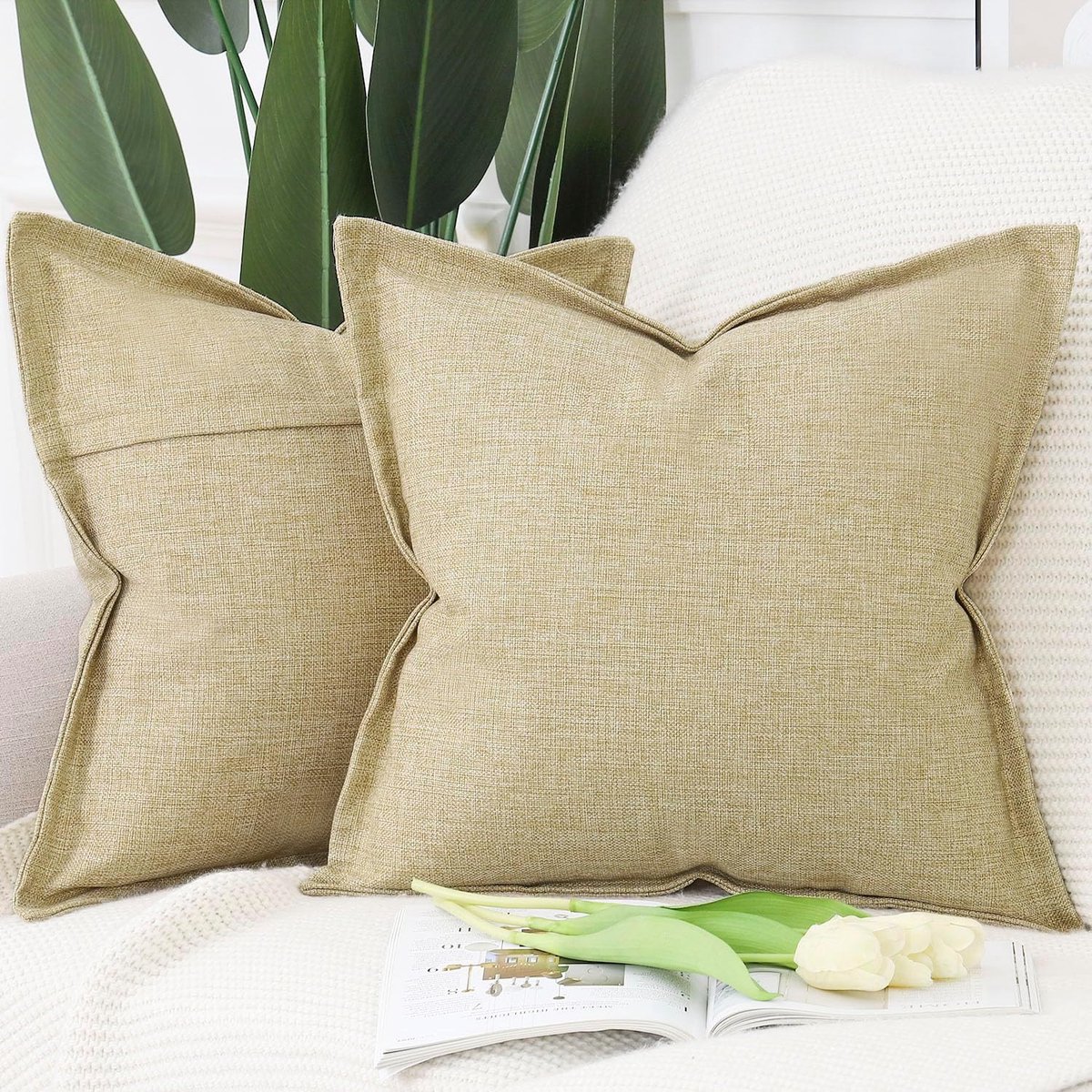 SnelShoppen - Set van 2 Imitatie Linnen Kussenslopen 45x45cm Khaki - Zachte Decoratieve Kussenhoezen voor Sofa en Slaapkamer, Rustieke Stijl, Duurzaam