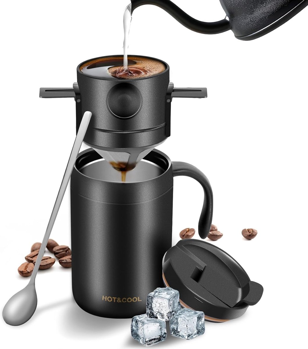 Ulisem - Reiskoffieset - 16 oz draagbare pour-over koffieset met roestvrijstalen beker - Dubbele wand vacuümisolatie - Opvouwbare roestvrijstalen filter zonder papier - Geschikt voor koud en warm - Perfect voor camping, reis en kantoor - Zwart