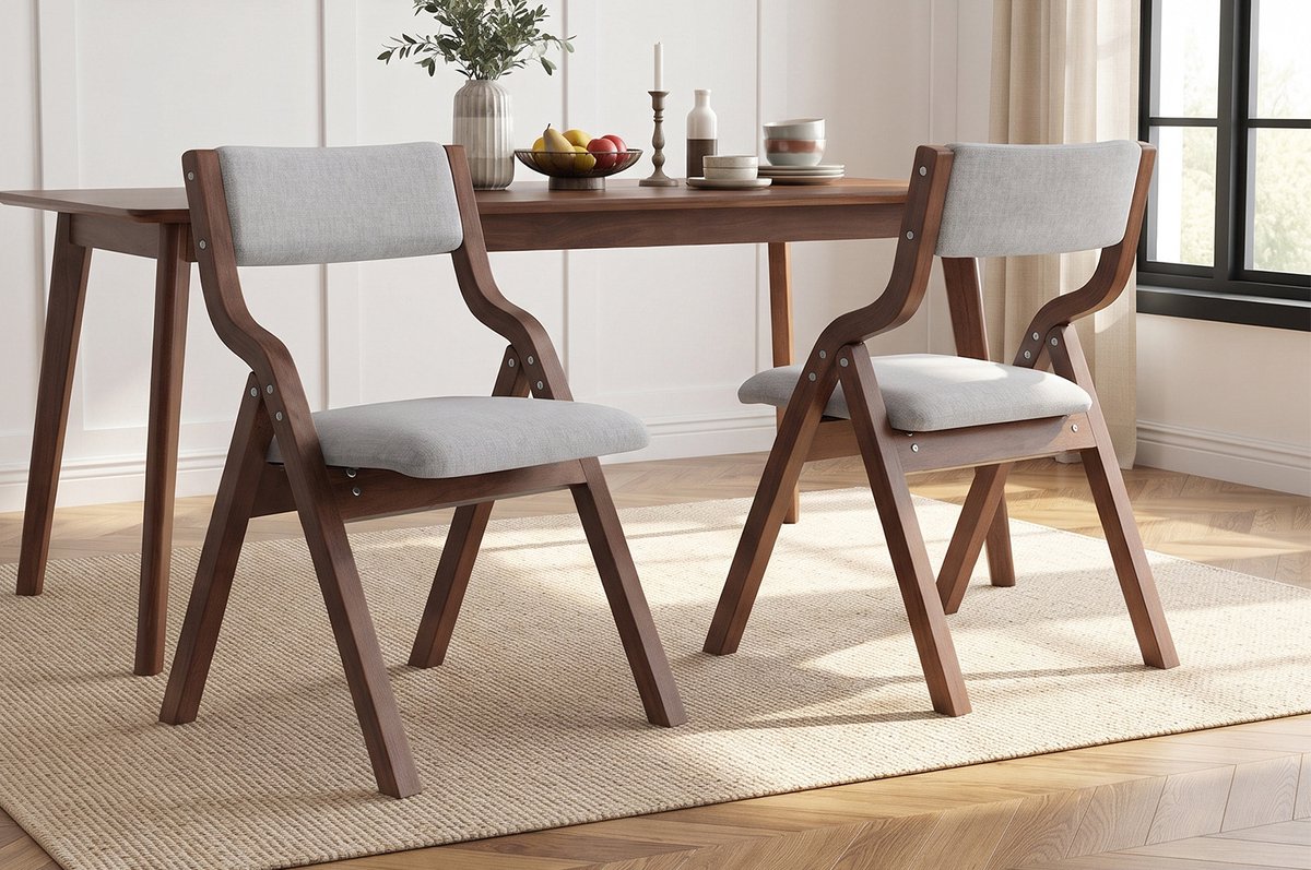 MEUNIQ 4-delige set opvouwbare eetkamerstoelen met houten frame en stoffen bekleding, grijs, inklapbaar en ruimtebesparend voor eetkamer woonkamer of café
