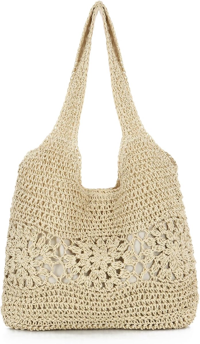 Thijox - Grote Geweven Rieten Draagtas voor Dames - Beige Bohemien Faux Raffia Schoudertas - Perfect voor Strand, Vakantie, Picknick en Dagelijks Gebr