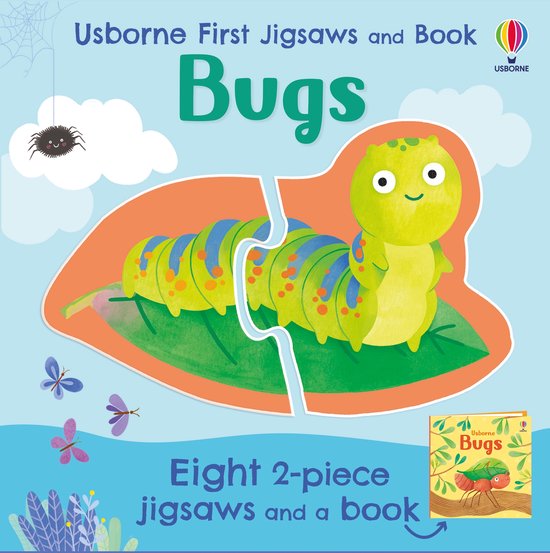 Een puzzel met een rups op een blad, met vlinders en een spin. Titel: Usborne First Jigsaws and Book: Bugs.