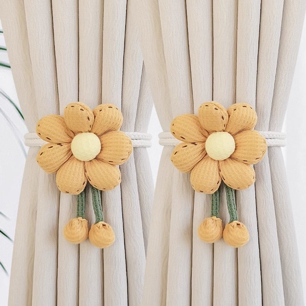 Gordijnhouder - Gordijn Embrasse Modern - Gordijnbinder Touw - Zevensterrenbloem Gordijnbinders - Verstelbaar Lint - Bloem Ook Als Broche - 45cm - Geen Boren - Voor Woonkamer/Slaapkamer - Thuis/Huurwoning - Oranje Geel - 45cm Per Stuk - 2 Stuks
