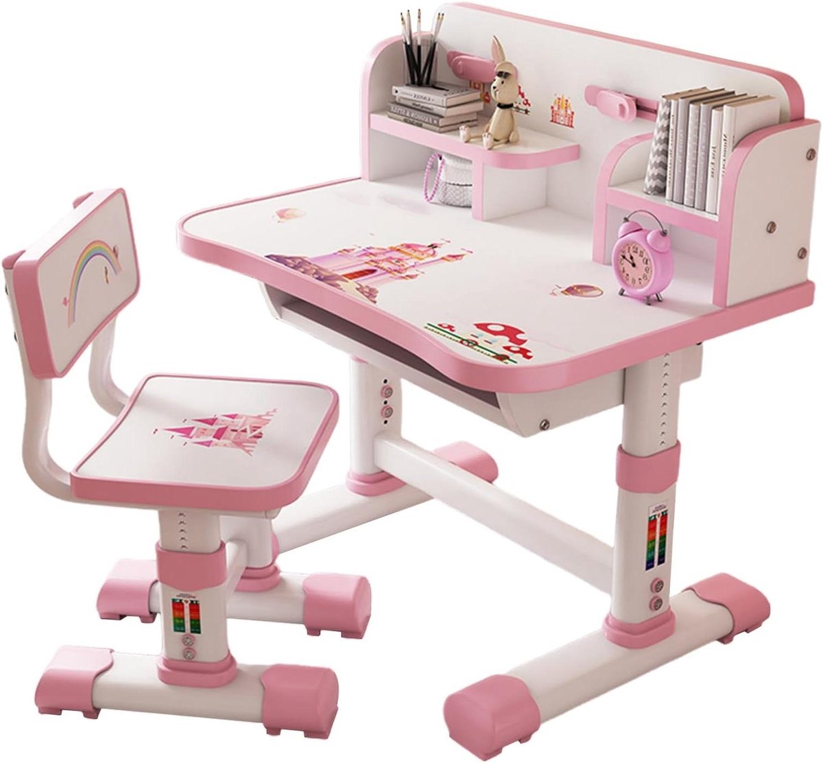 Kinderbureau Stoel - Studie Set - Leren en Spelen - In Hoogte Verstelbaar - 101 cm Breed - Roze
