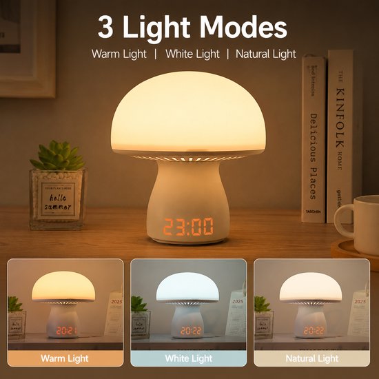 Champignonlamp met Klok - Schattige Touch Bedlamp voor Slaapkamer & Woonkamer - Draadloos Oplaadbaar Nachtlampje voor Kinderen & Volwassenen - 1 Stuk van FLITI — afbeelding 2