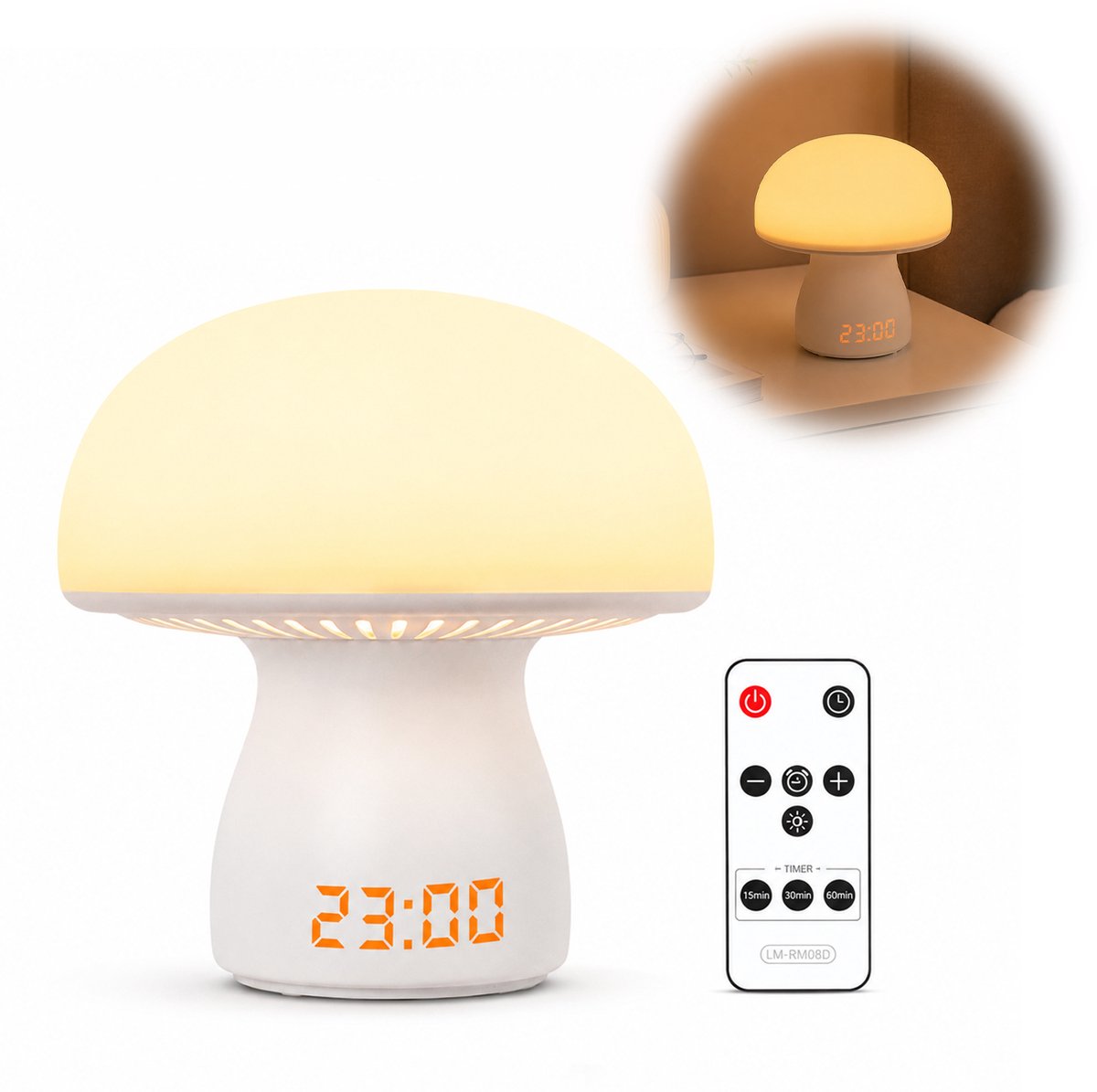 Champignonlamp met Klok - Schattige Touch Bedlamp voor Slaapkamer & Woonkamer - Draadloos Oplaadbaar Nachtlampje voor Kinderen & Volwassenen - 1 Stuk